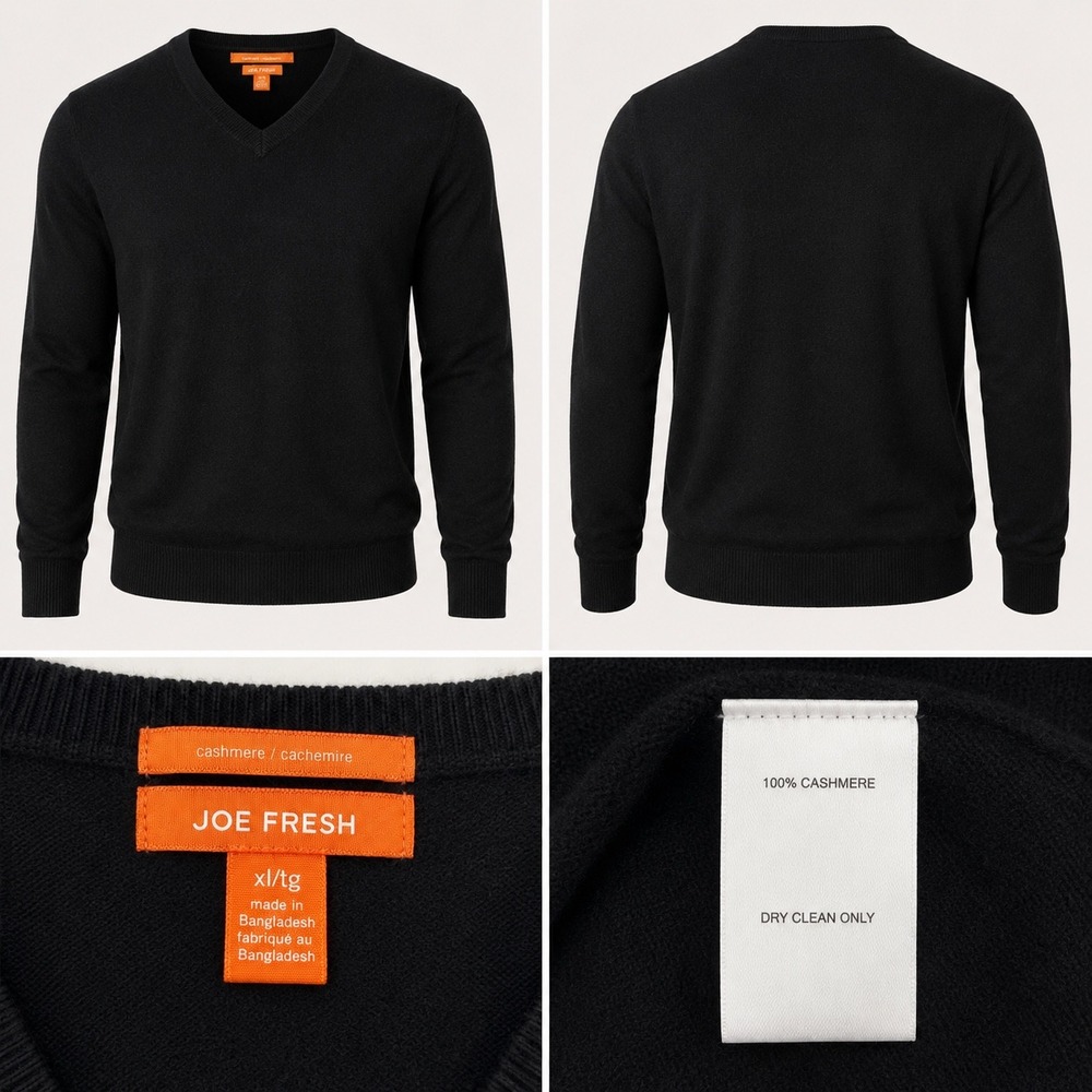 Joe Fresh 100% Cashmere Sweater Mens XL Black V Neck Knit Classic Luxury‎ Preppy